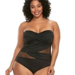 Apt 9 Sz 1X Black One Piece Sexy Swimsuit Beach Fishnet Detail Strapless Bandeau